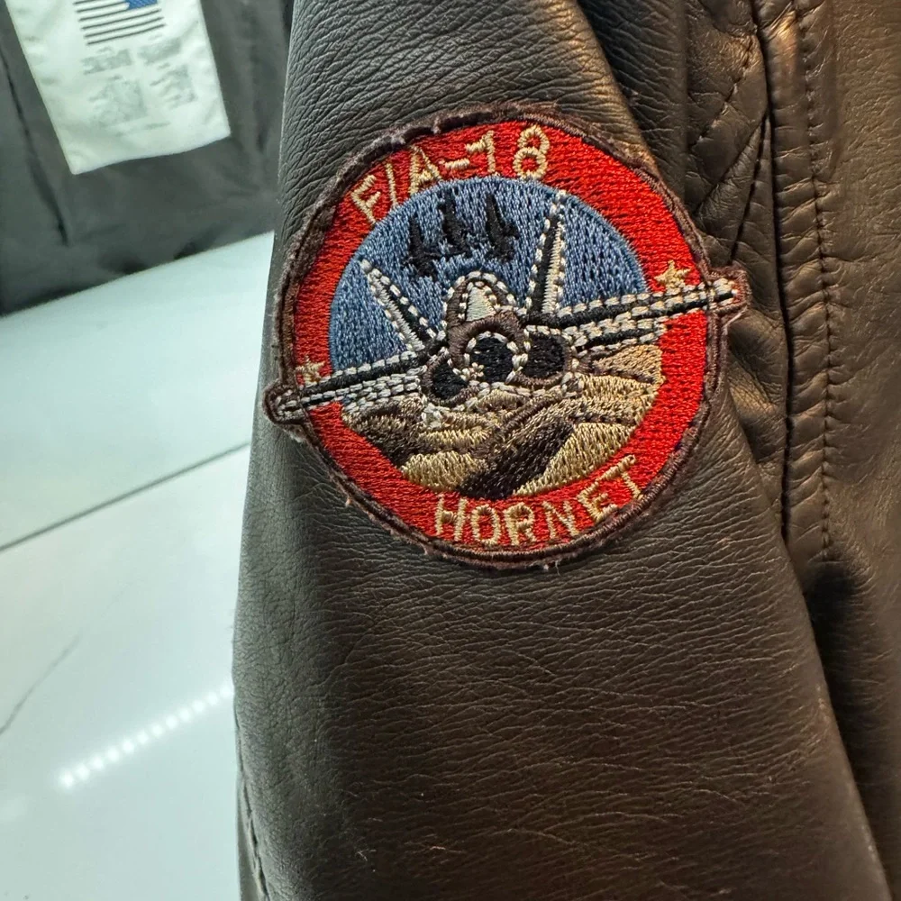 Brown Leather Aviator Bomber Jacket with Patches Top Gun size 8 - Picture 5 of 9